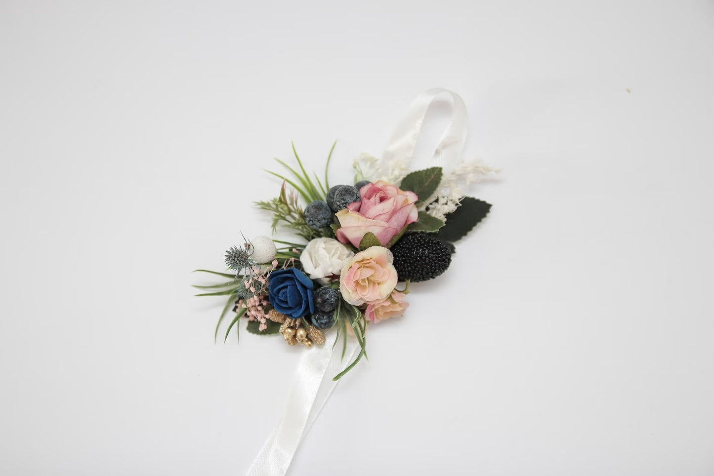 Blush pink navy blue corsage