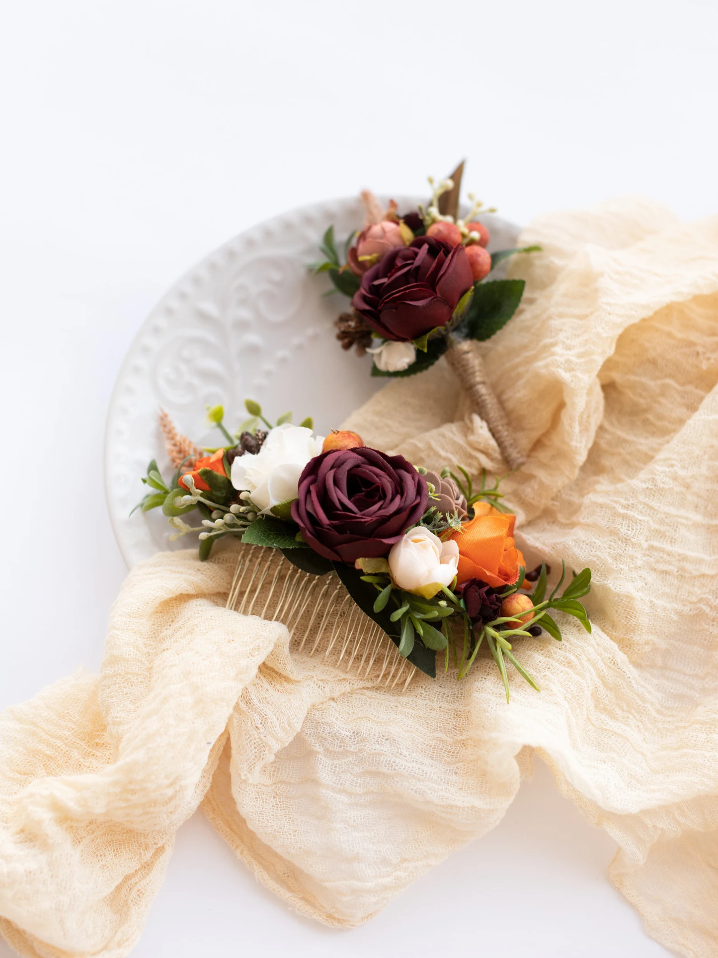 Burgundy wedding hair accessories
