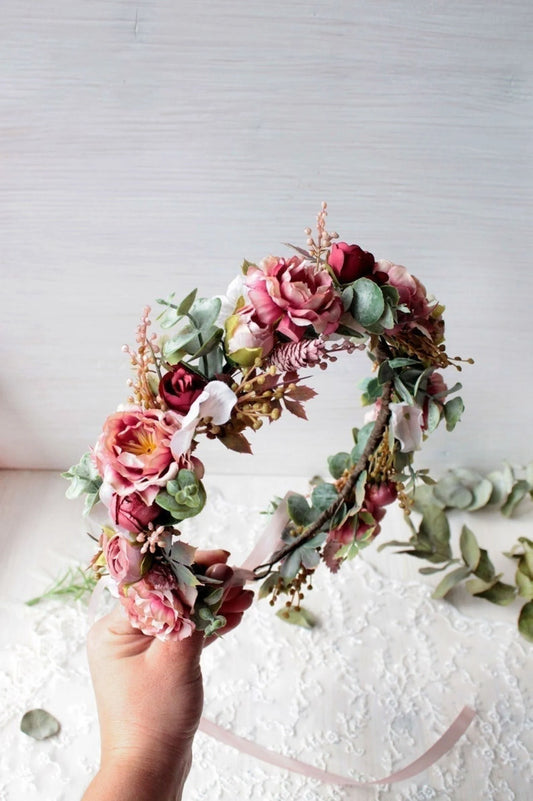 bridal flower crown, flower girl crown, flower crown, woodland crown, bridal floral crown, boho flower crown, eucalyptus crown, flower girl headband, baby flower crown, toddler crown, burgundy crown, toddler flower crown, pink flower crown, boho floral crown, fall flower crown, rustic flower crown, spring flower crown